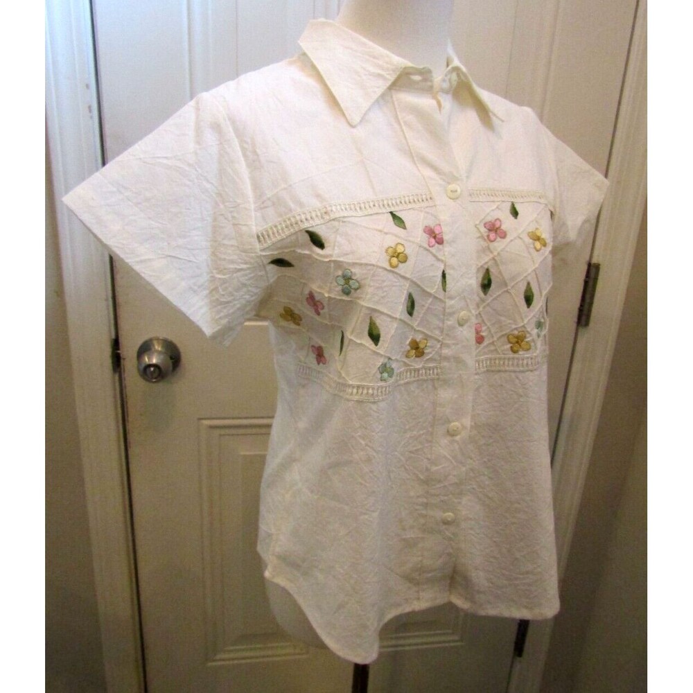 Landy Mexican Shirt Vintage Embroidered Floral Button Front Blouse 100% Cotton S - Picture 6 of 7